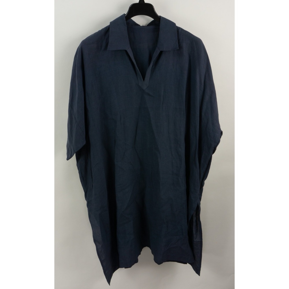 eskandar Linen Oversized Collared Tunic Shirt Dress V-Neck Blue Women's Size 2
